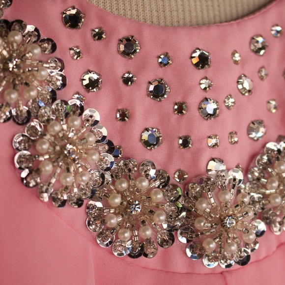 Vintage 1970's Mike Benet Formals Bubblegum Pink Chiffon Maxi Caplet Jewel Dress - Picture 10 of 17